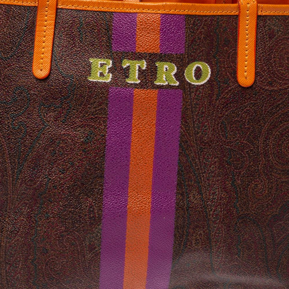 Etro Brown/Orange Paisley Coated Canvas Small Shopper Tote 1
