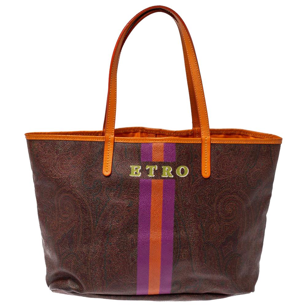 Etro Brown/Orange Paisley Coated Canvas Small Shopper Tote