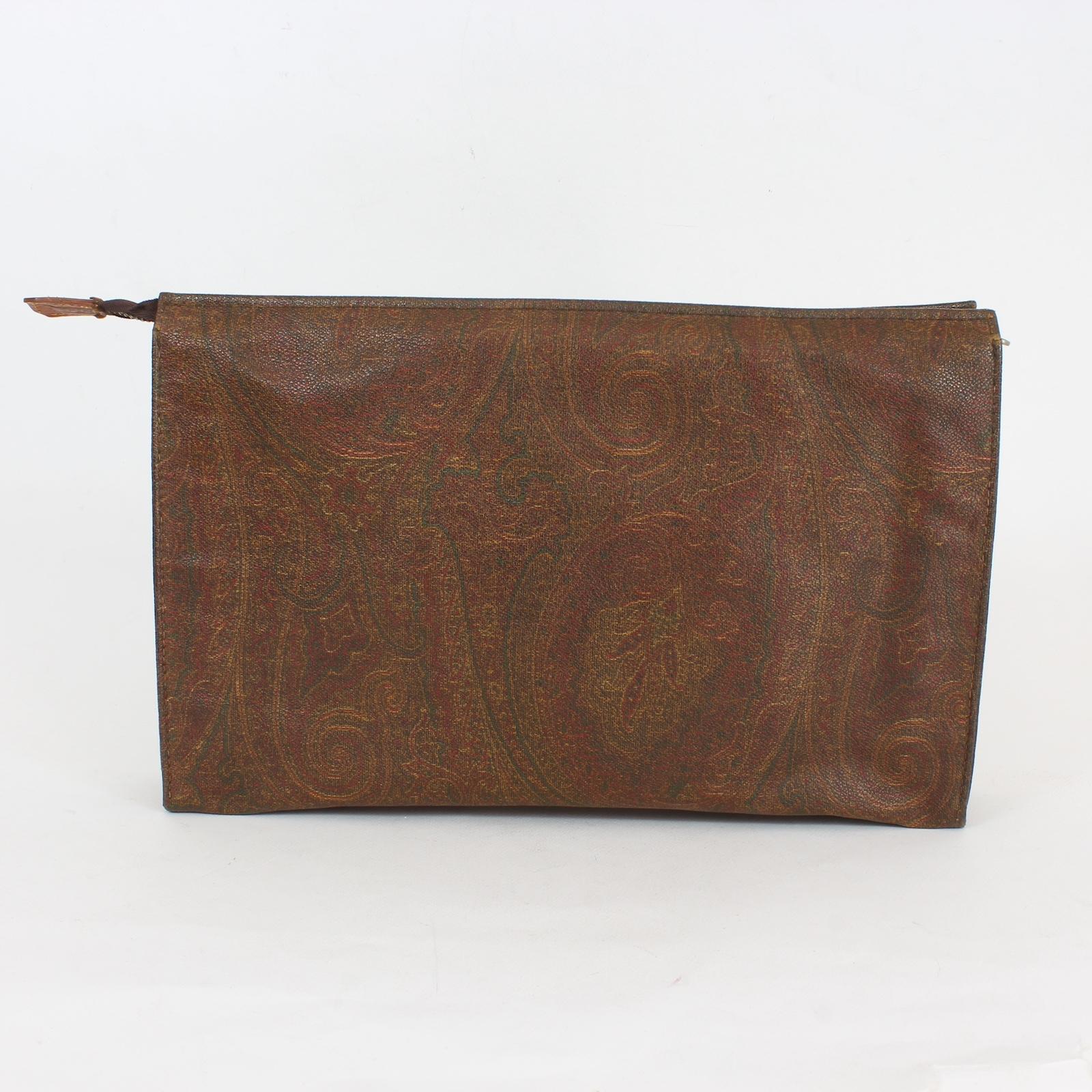 Etro Brown Paisley Canvas Clutch Bag Vintage 1990s In Excellent Condition For Sale In Brindisi, Bt