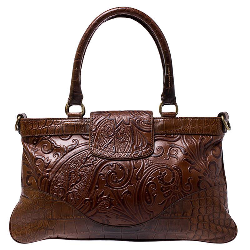 Etro Brown Paisley Embossed Leather Turnlock Shoulder Bag In Good Condition In Dubai, Al Qouz 2