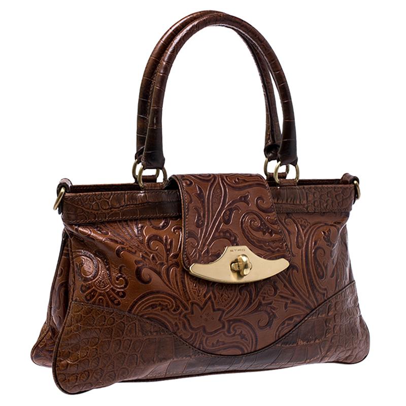 Etro Brown Paisley Embossed Leather Turnlock Shoulder Bag In Good Condition In Dubai, Al Qouz 2