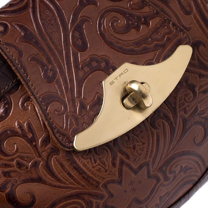 Women's Etro Brown Paisley Embossed Leather Turnlock Shoulder Bag