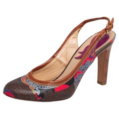 Etro Brown Paisley Print Coated Canvas and Leather Trim Slingback Pumps Size 37