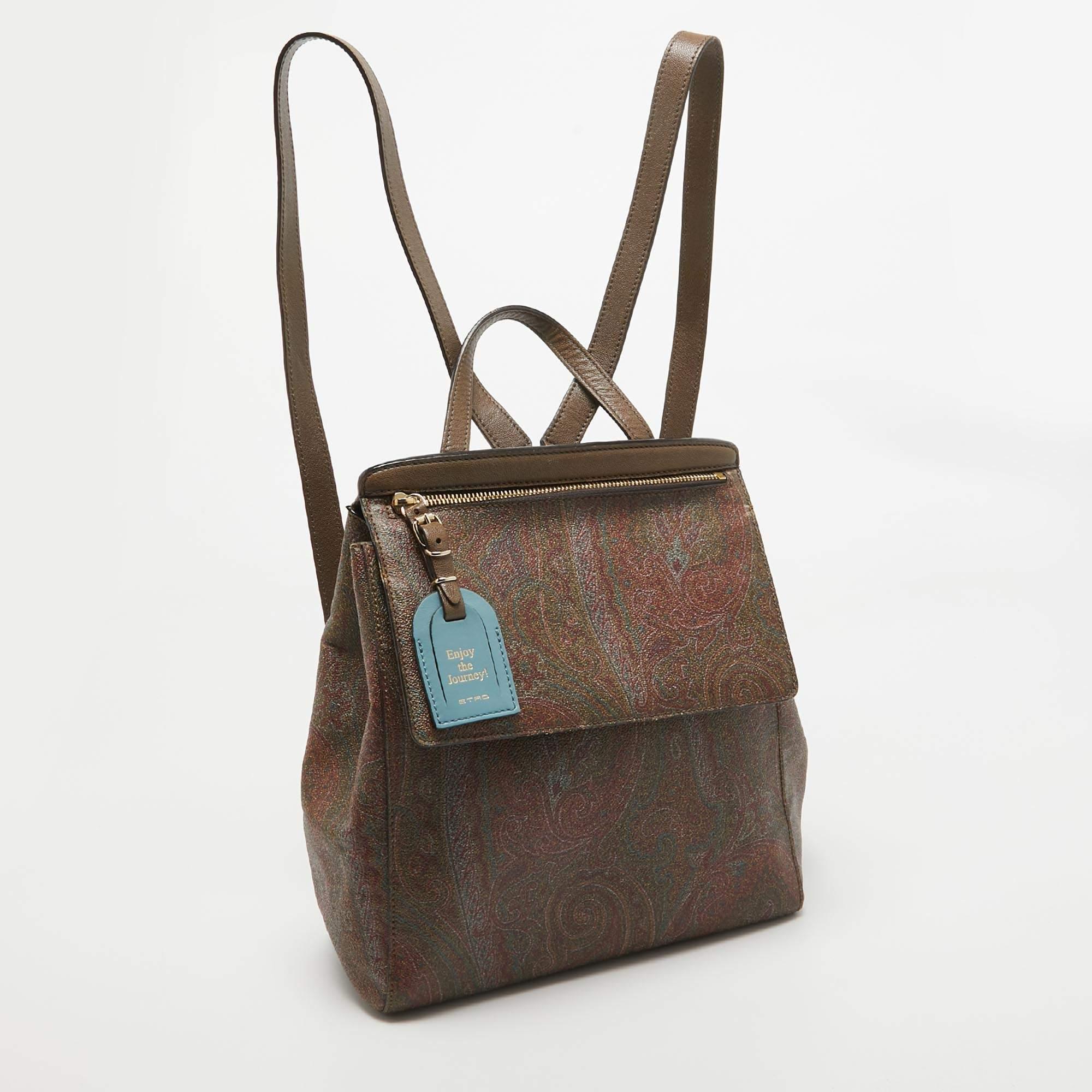 Etro Brown Paisley Print Coated Canvas Backpack In Good Condition For Sale In Dubai, Al Qouz 2
