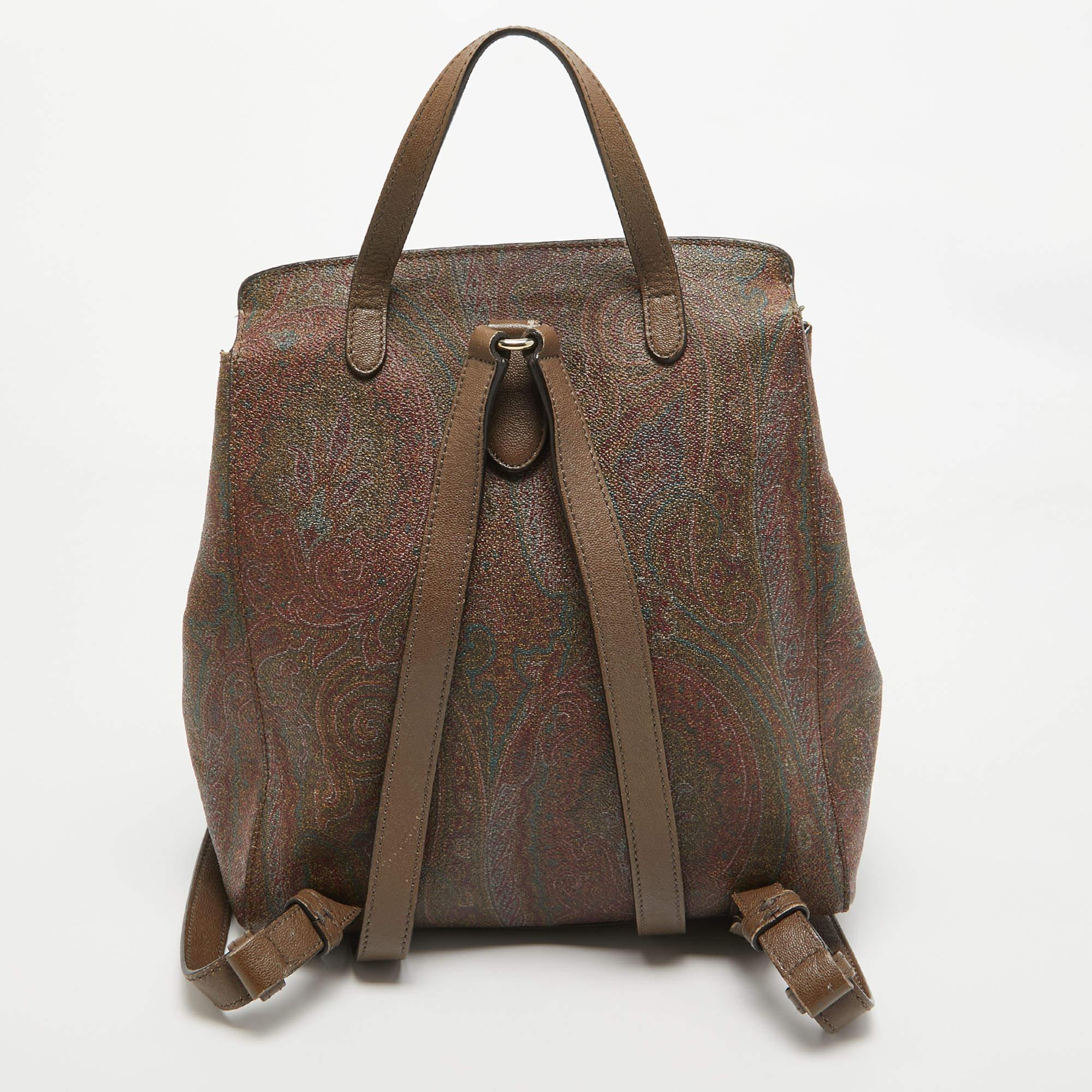 Women's Etro Brown Paisley Print Coated Canvas Backpack For Sale