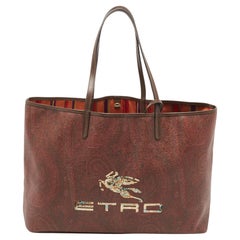 Etro Brown Paisley Print beschichtetes Segeltuch Pailletten Logo Shopper Tote