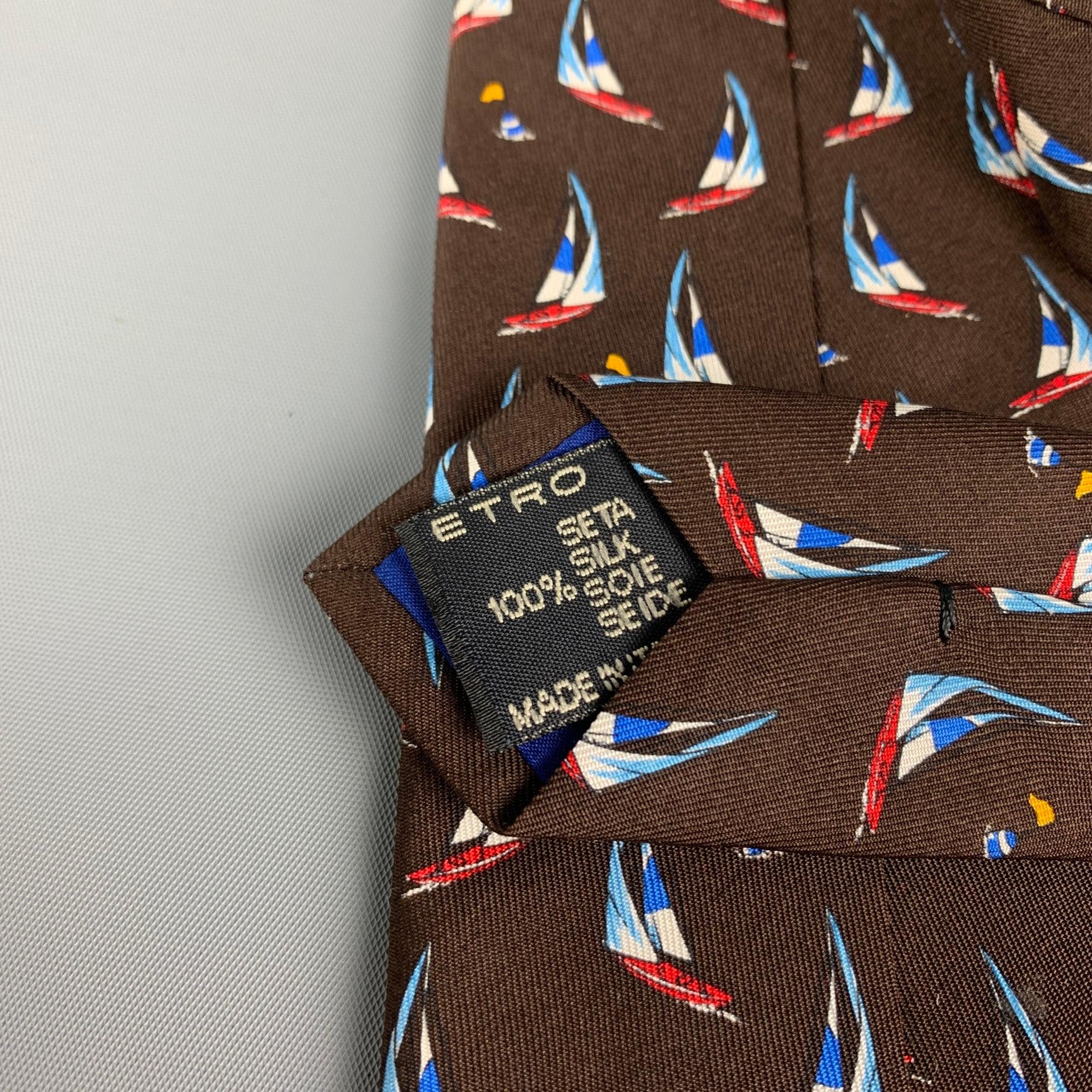 Men's ETRO Brown Print Sailboat Print Silk Tie For Sale