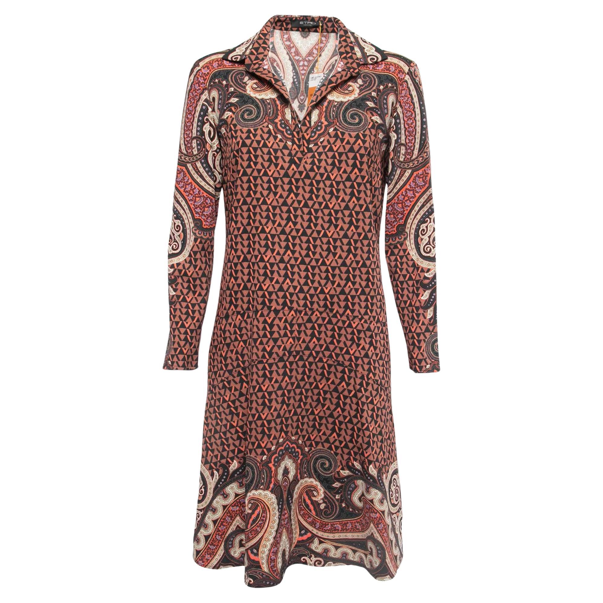 Etro Brown Printed Wool Collared A-Line Short Dress M For Sale