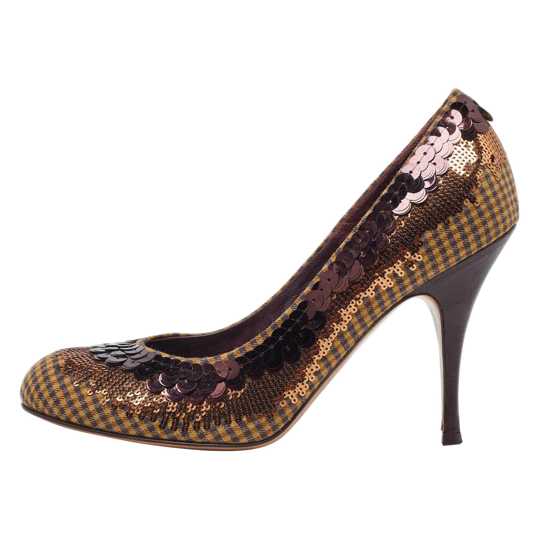 Escarpins à bouts ronds en paillettes et sequins Etro Brown Taille 40 en vente