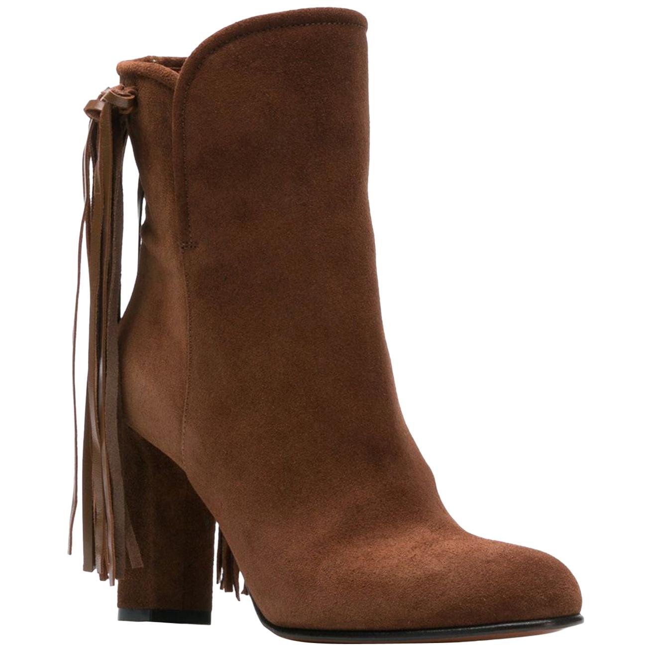 Etro Brown Suede Fringe Pull-On Round Toe Ankle Boots Size 40 For Sale