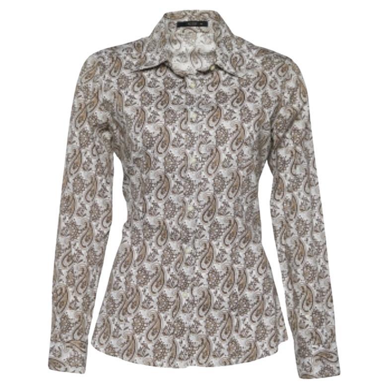 Etro Camisa de algodón elástico con estampado de cachemira marrón y blanco M