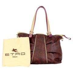 Etro Burgundy Beige Leather Canvas Paisley Tote Bag