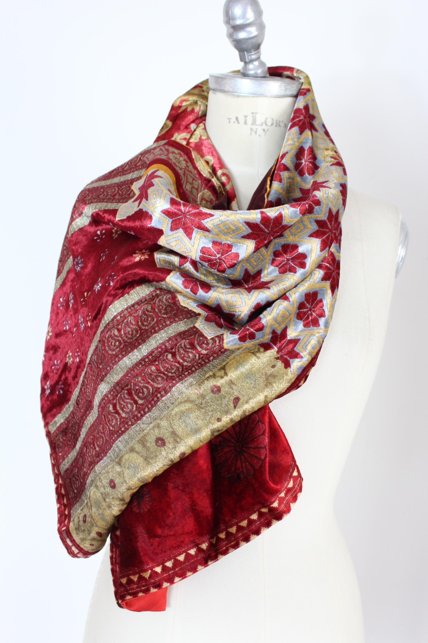 Etro Burgundy Beige Silk Large Floral Scarf 1990s 1