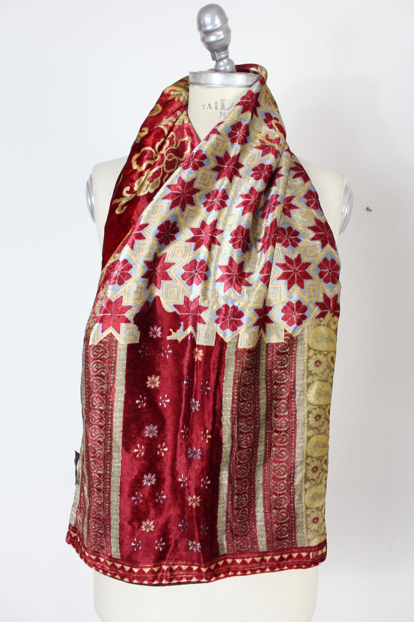 Etro Burgundy Beige Silk Large Floral Scarf 1990s 2