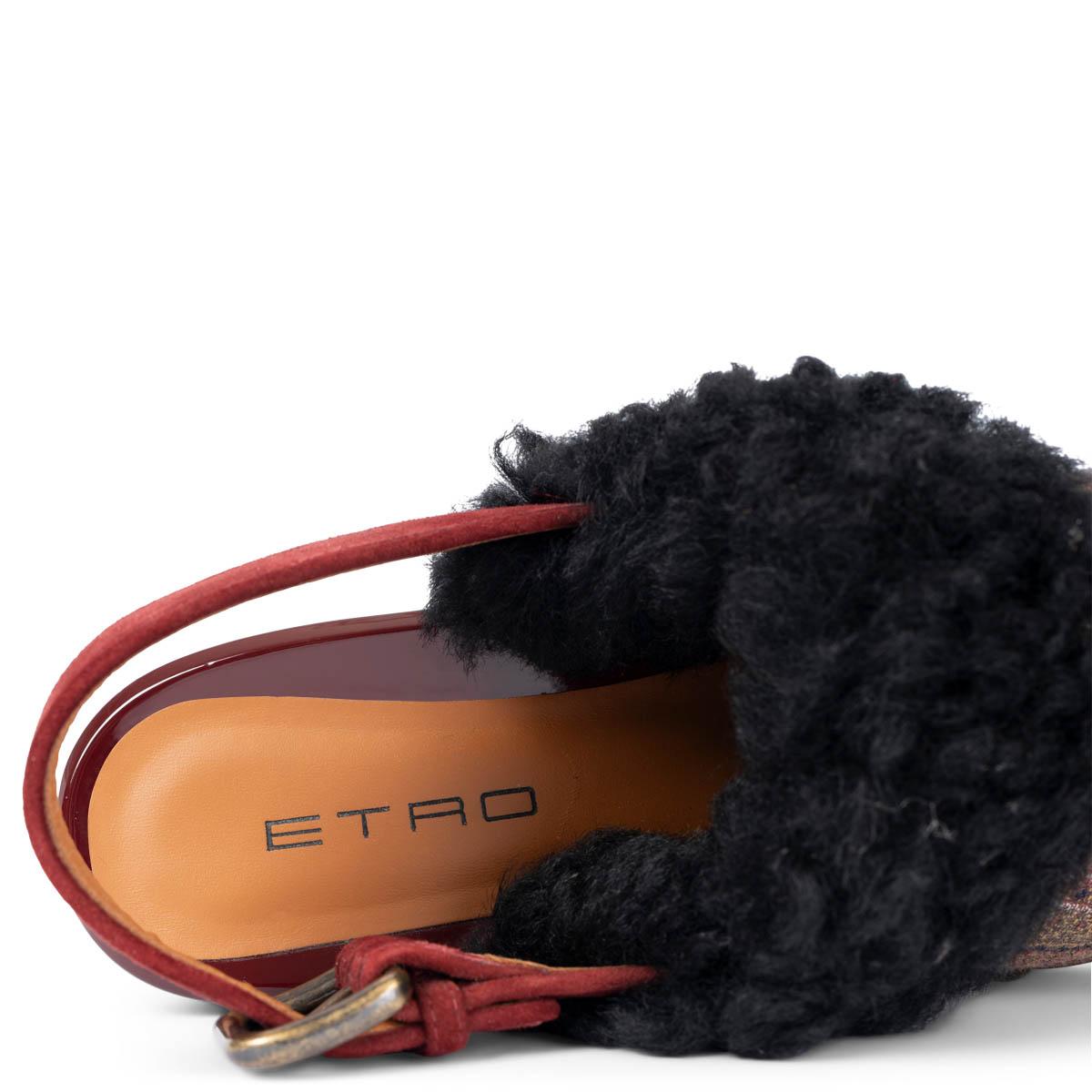 ETRO burgundy & black FUR TRIM PAISLEY Clogs Shoes 37 In Excellent Condition For Sale In Zürich, CH