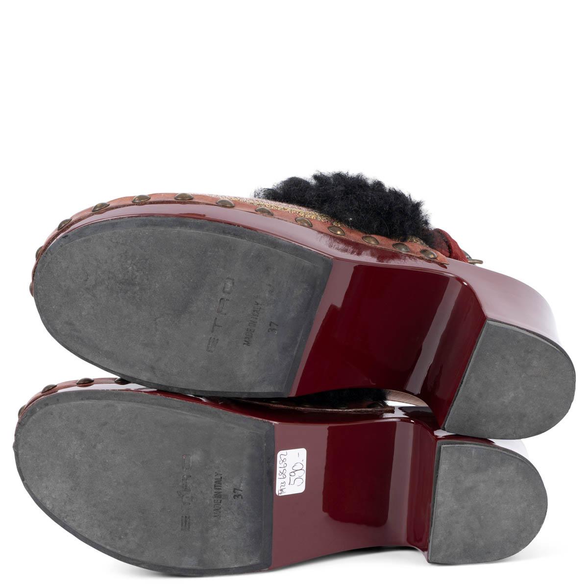 Women's ETRO burgundy & black FUR TRIM PAISLEY Clogs Shoes 37 For Sale