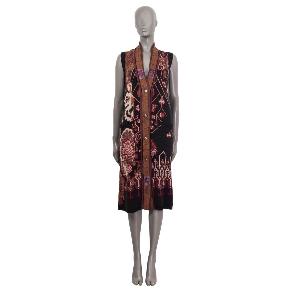 100% authentic Etro sleeveless long knit coat in burgundy, black, beige, green and sage wool (61%), acrylic (18%), alpaca (16%), viscose (4%) and polyester (1%) - please note the content tag is missing. Features a deep v-neck and two patch pockets