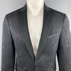 ETRO Chest Size 38 Black Wool / Silk Paisley Jacquard Satin Peak Lapel Sport Coa