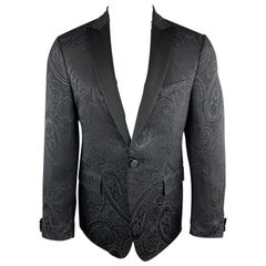 ETRO Chest Size 38 Black Wool / Silk Paisley Jacquard Satin Peak Lapel Sport Coa