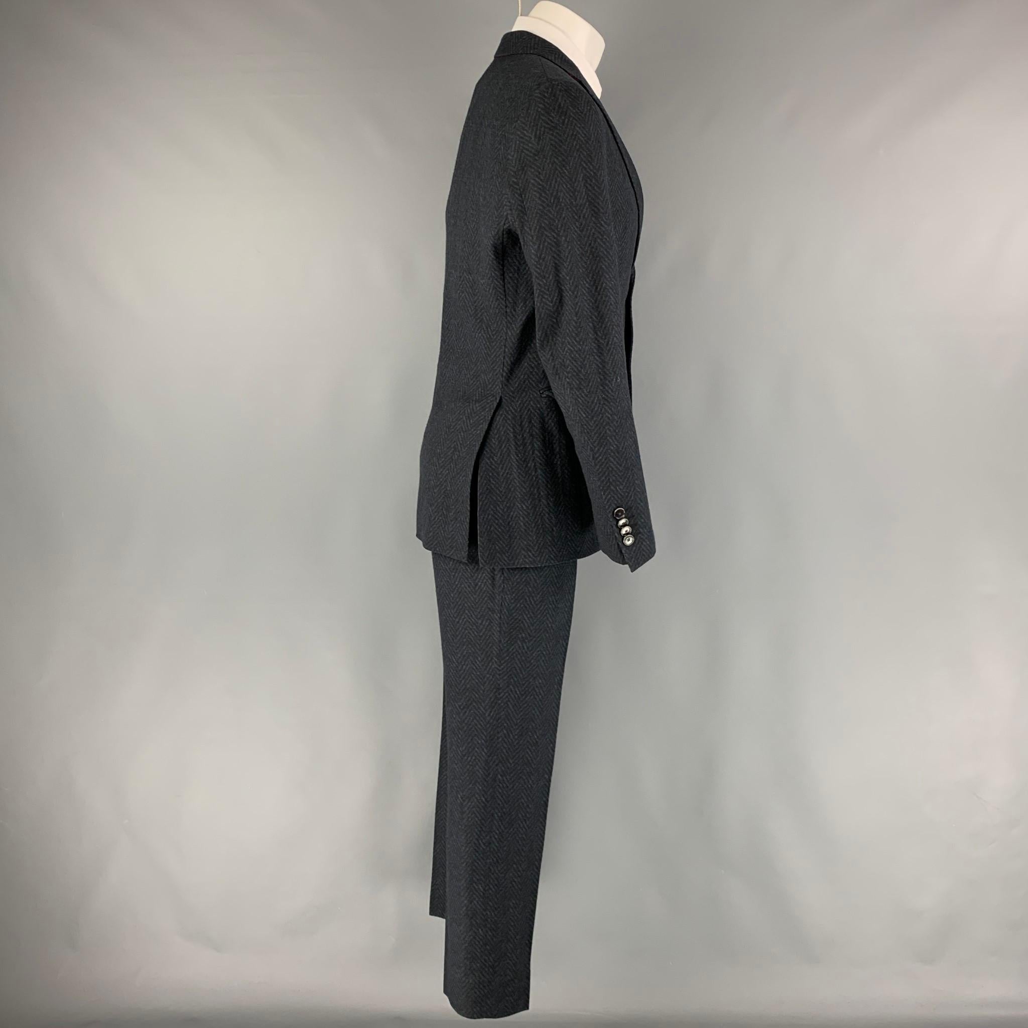 Men's ETRO Chest Size 38 Navy Black Herringbone Wool Blend Notch Lapel 32 Sport Coat