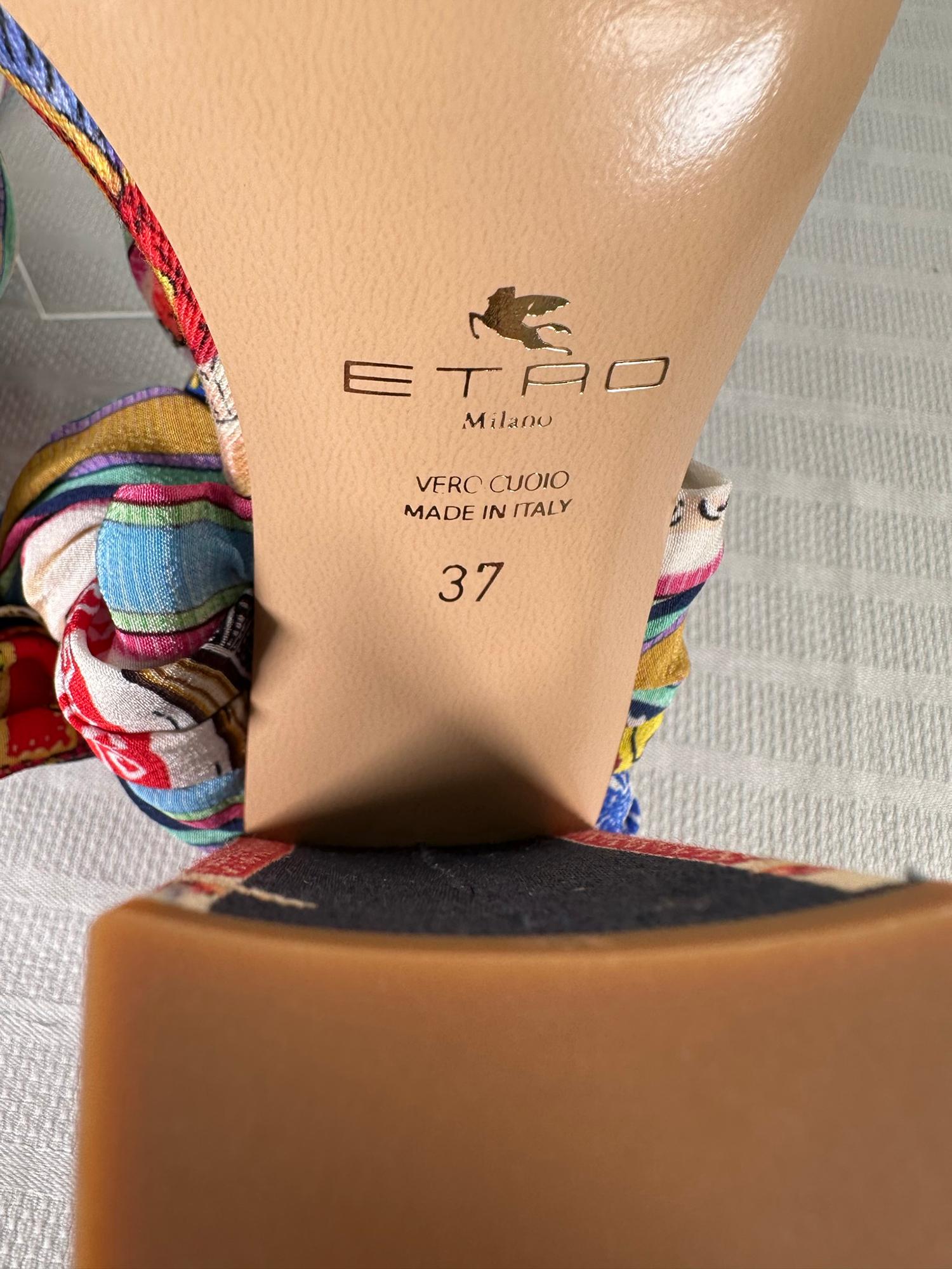 Etro Chunky Heel Printed Fabric Ankle Wrap Sandals 37 Unworn with Box For Sale 6