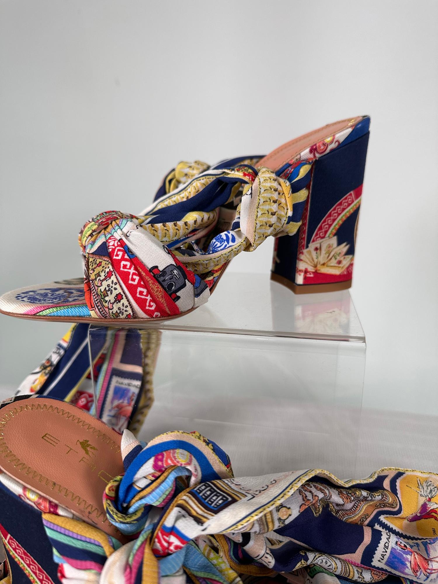 Etro chunky fabric covered heel sandals with brightly printed crepe fabric straps and long ties to tie at the ankles. The foot bed is covered in fabric. Leather soles. Marked size 37. Unworn, with protector bag & box. 