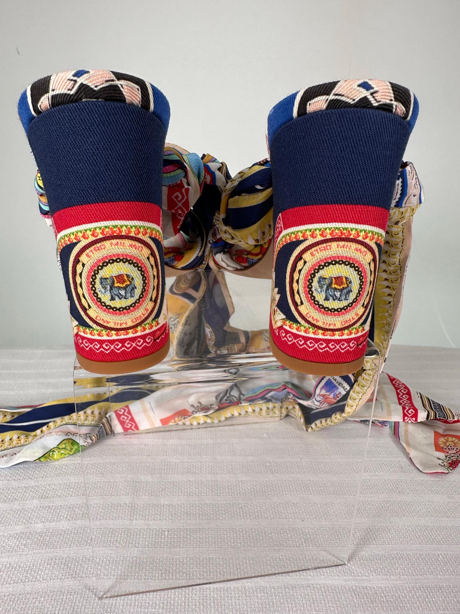 Women's Etro Chunky Heel Printed Fabric Ankle Wrap Sandals 37 Unworn with Box