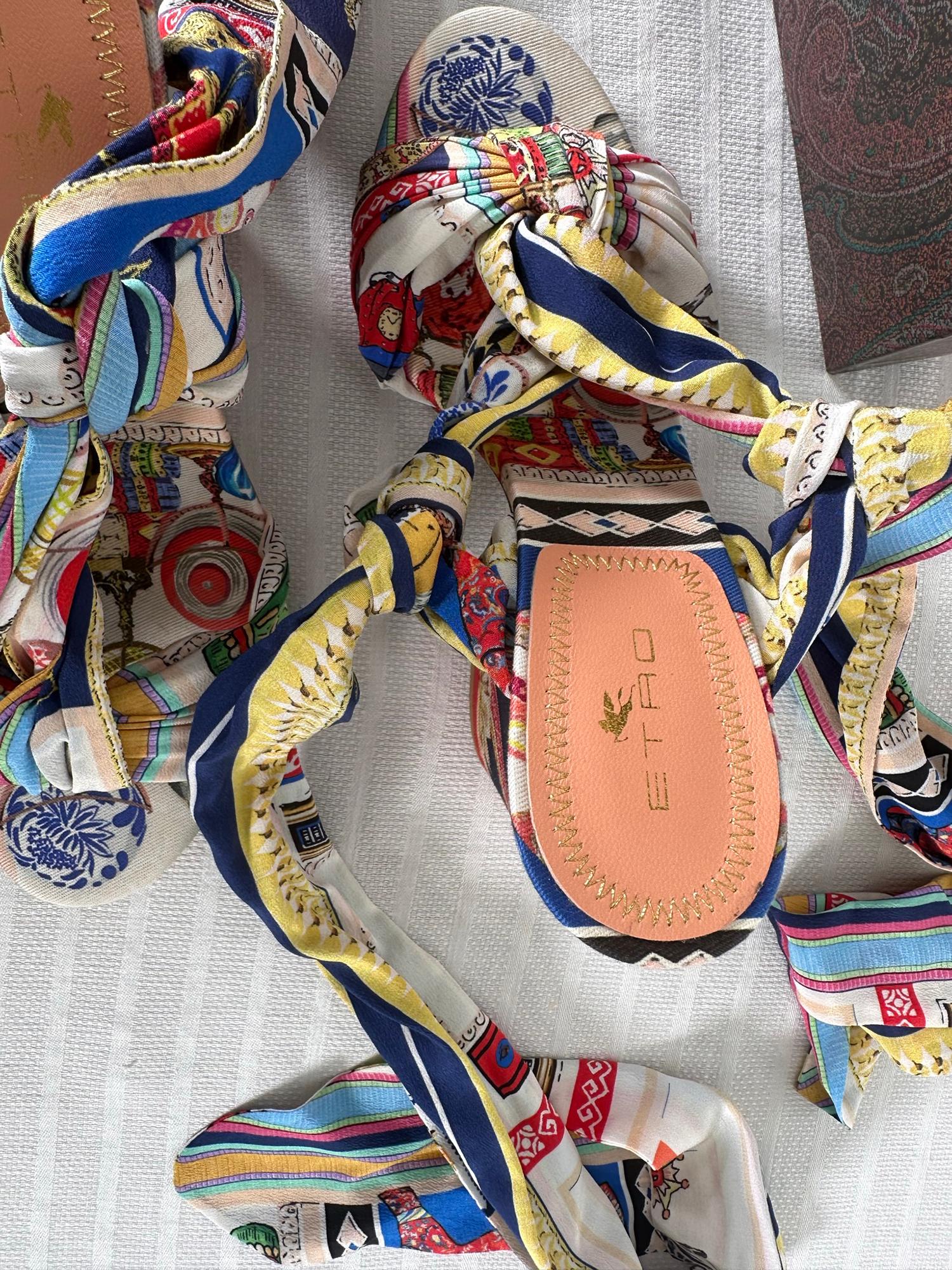Etro Chunky Heel Printed Fabric Ankle Wrap Sandals 37 Unworn with Box 4