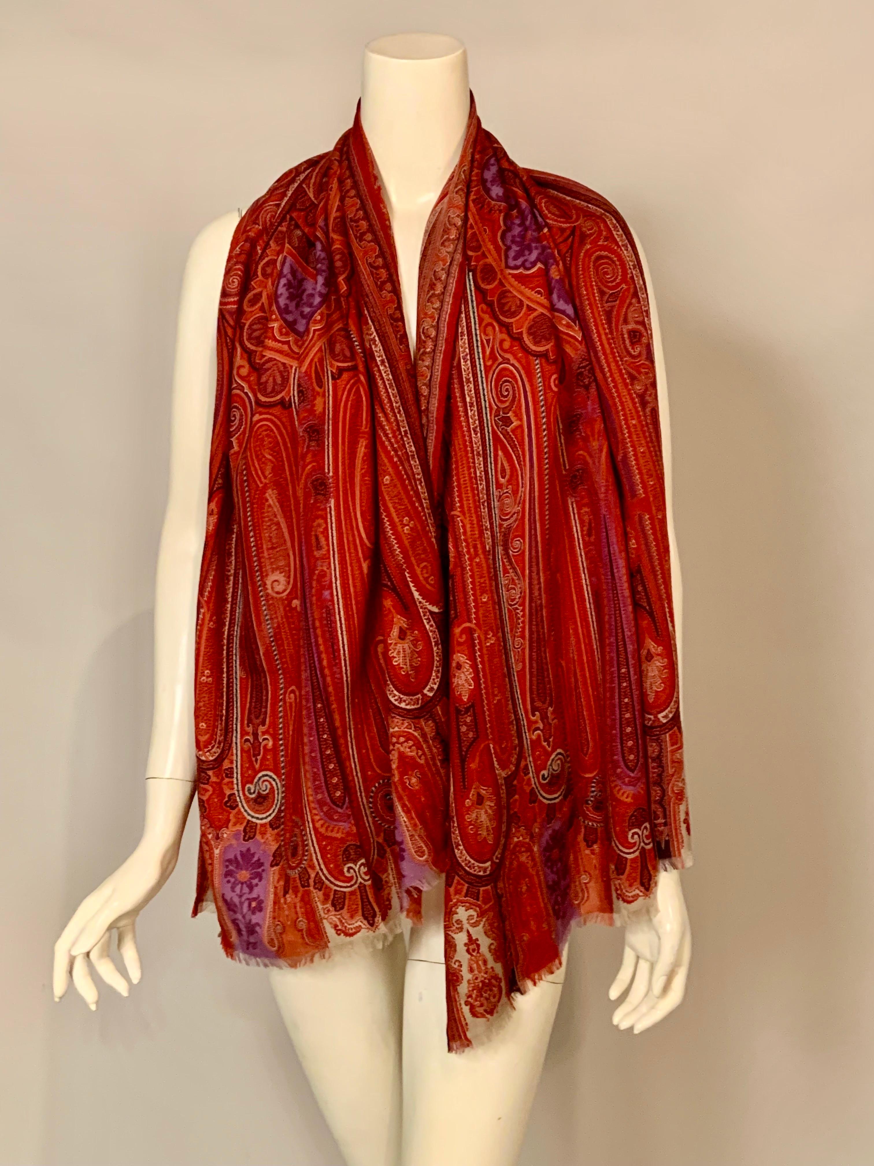 Etro Classic Red Wool and Silk Paisley Scarf with Lavender Center 7