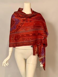Etro Classic Red Wool and Silk Paisley Scarf with Lavender Center