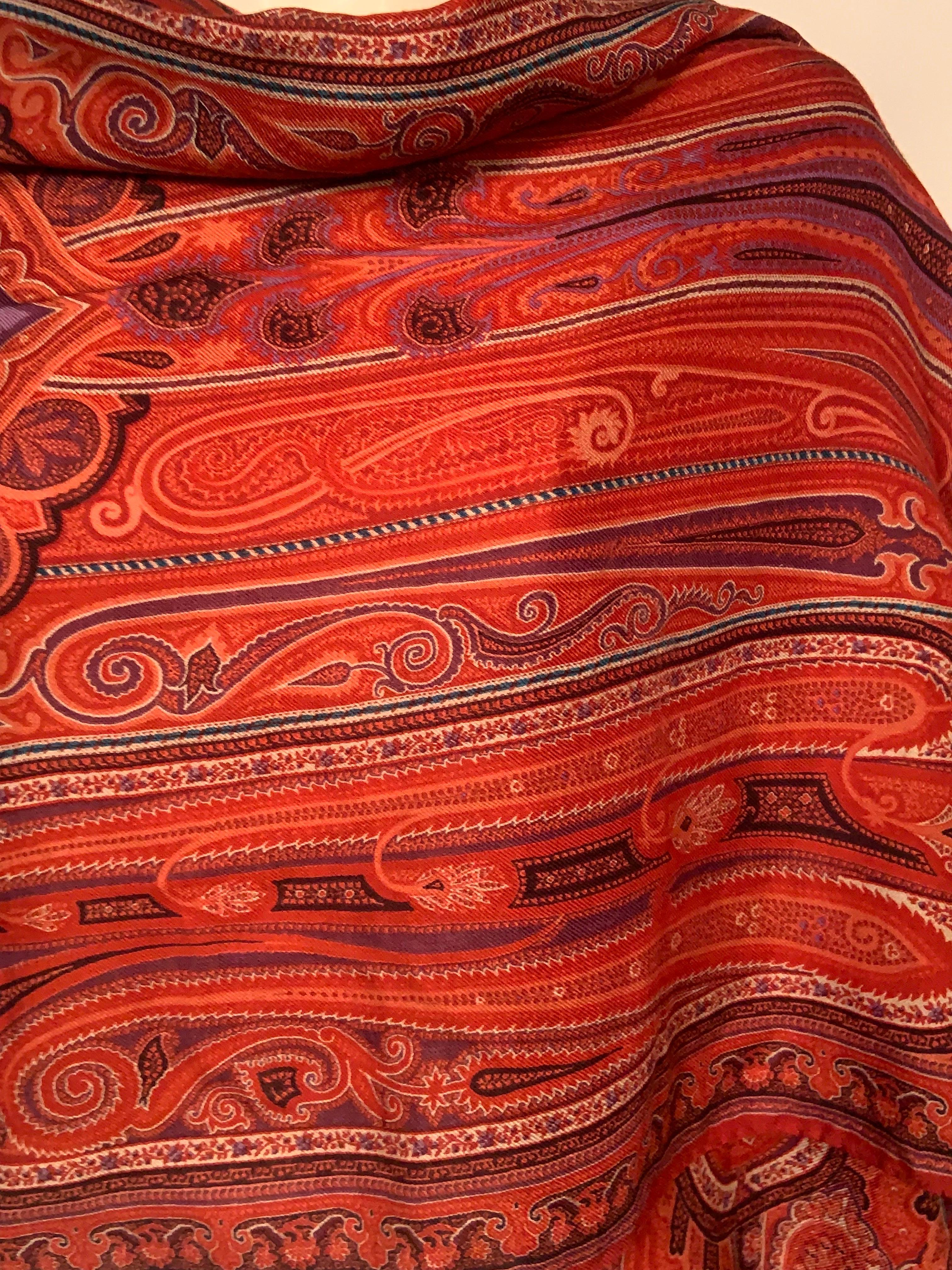 Etro Classic Red Wool and Silk Paisley Scarf with Lavender Center In Excellent Condition In New Hope, PA
