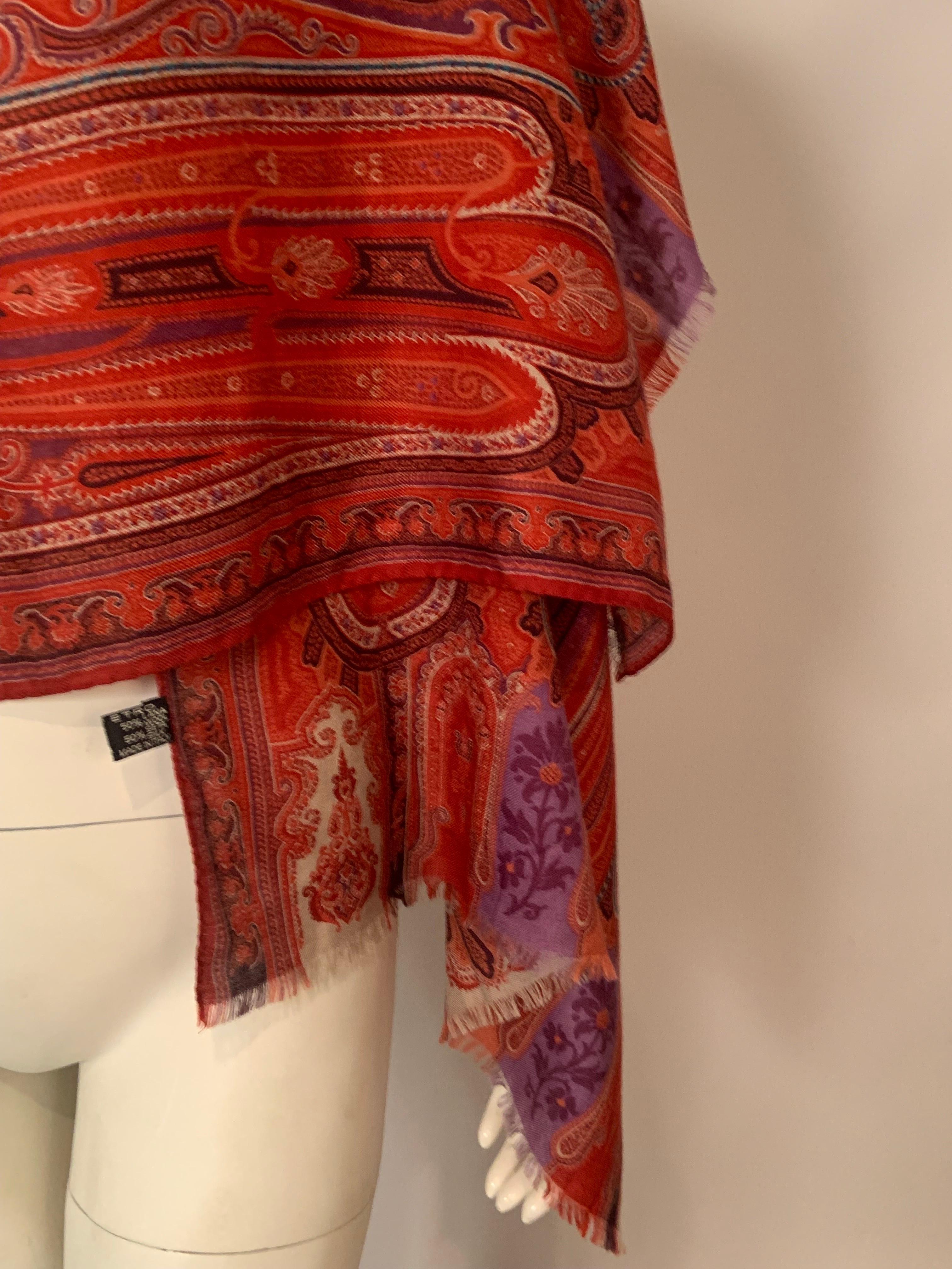 Women's Etro Classic Red Wool and Silk Paisley Scarf with Lavender Center