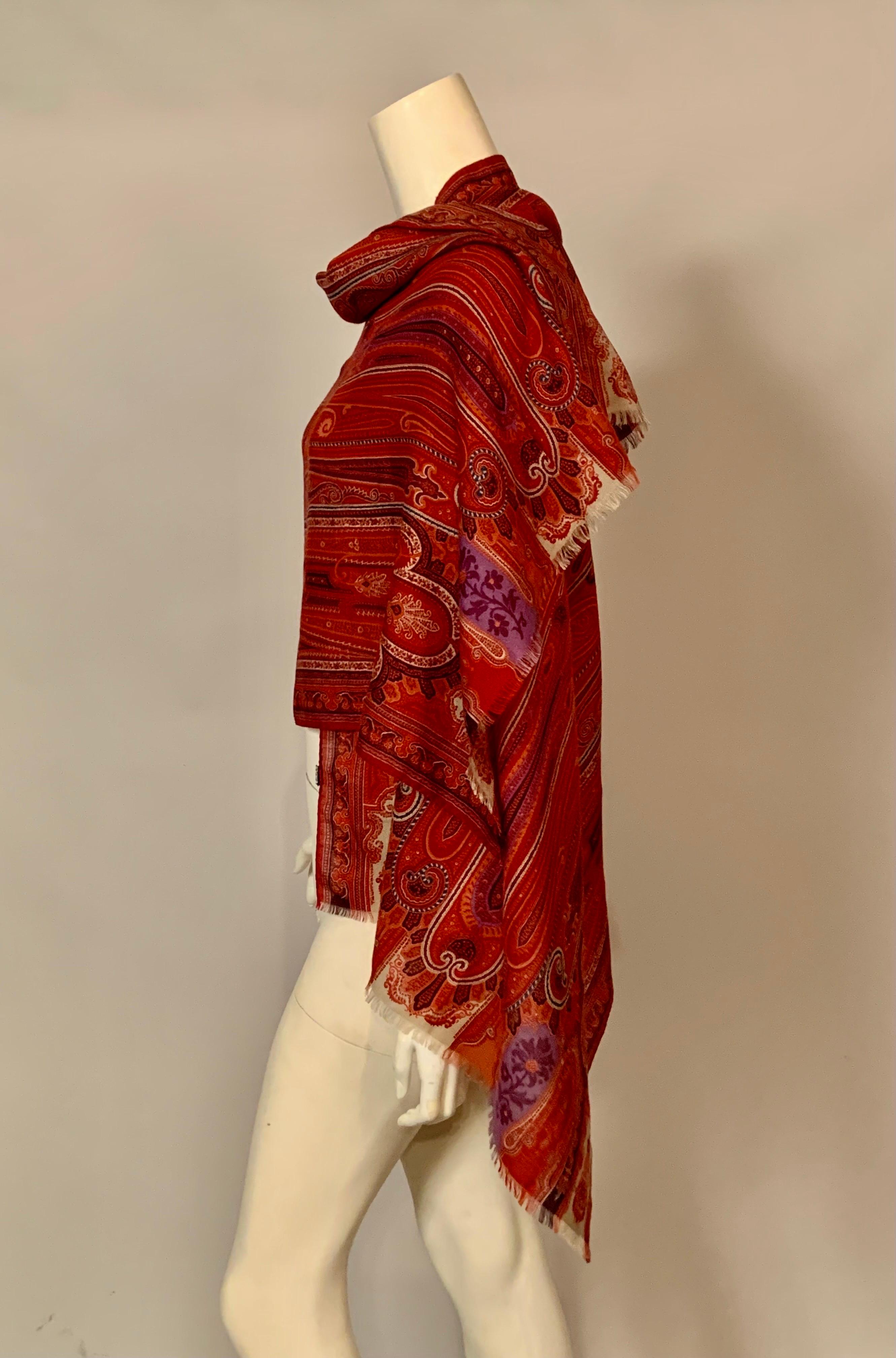 Etro Classic Red Wool and Silk Paisley Scarf with Lavender Center 1