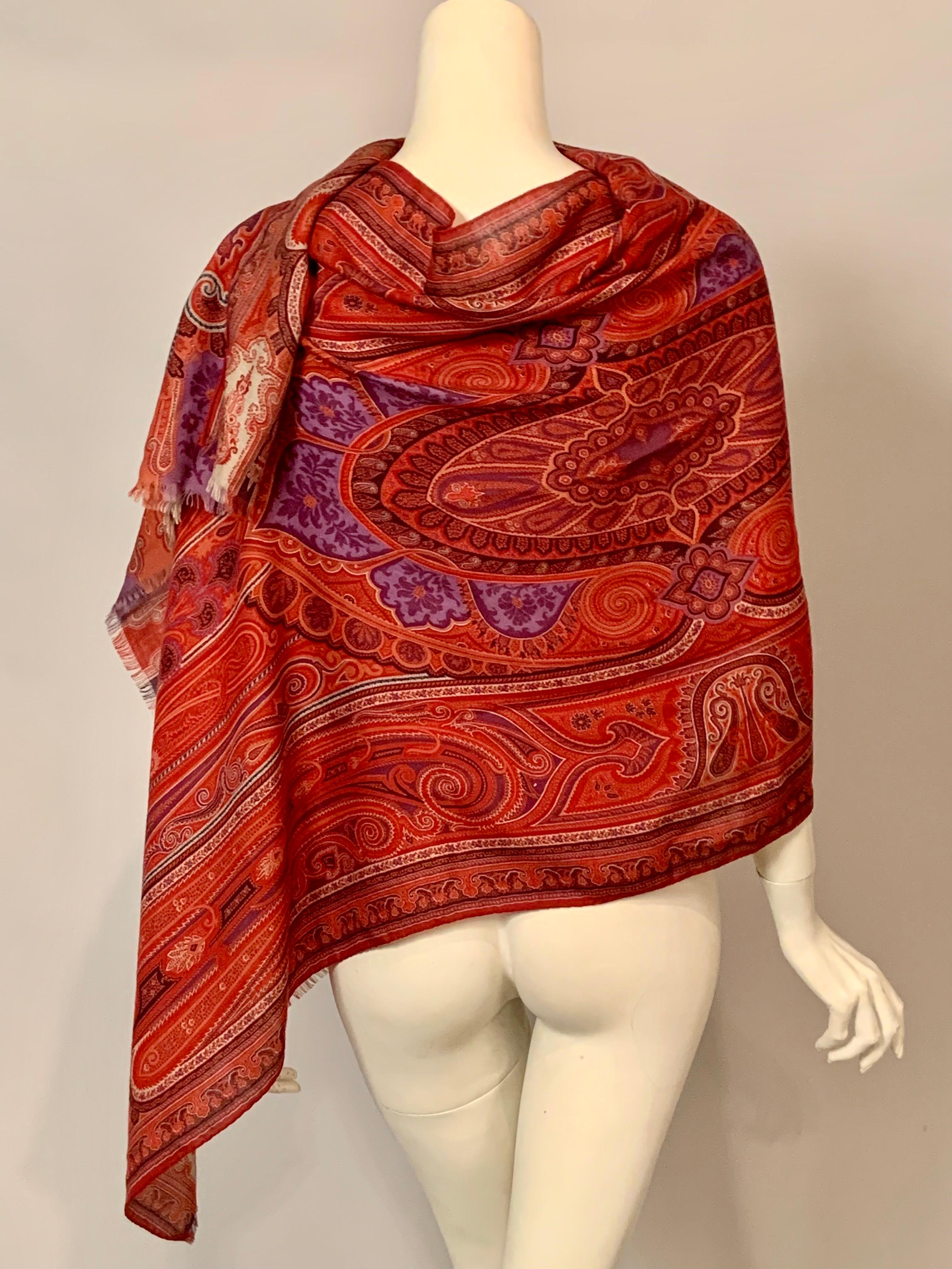 Etro Classic Red Wool and Silk Paisley Scarf with Lavender Center 2
