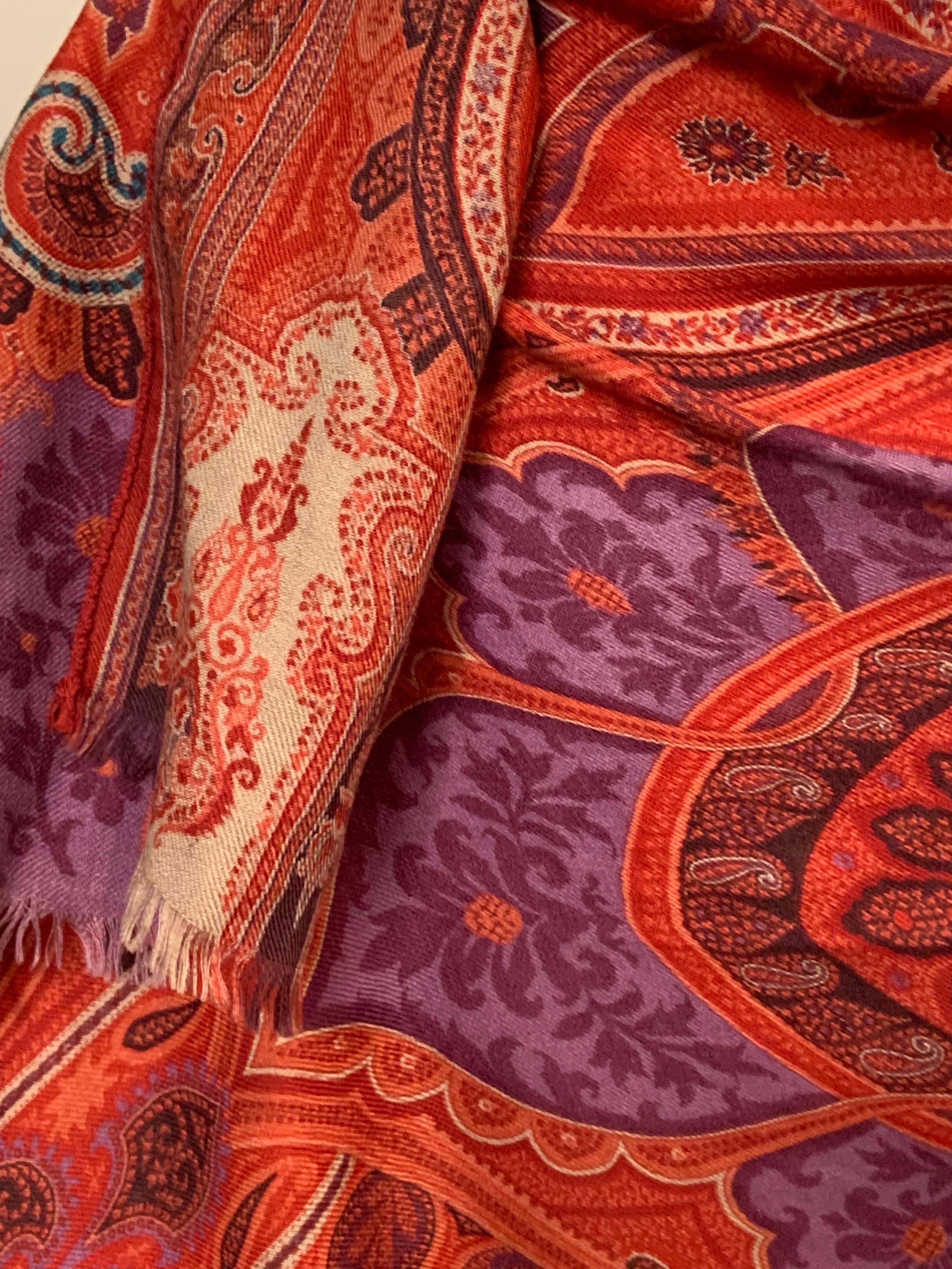 Etro Classic Red Wool and Silk Paisley Scarf with Lavender Center 3