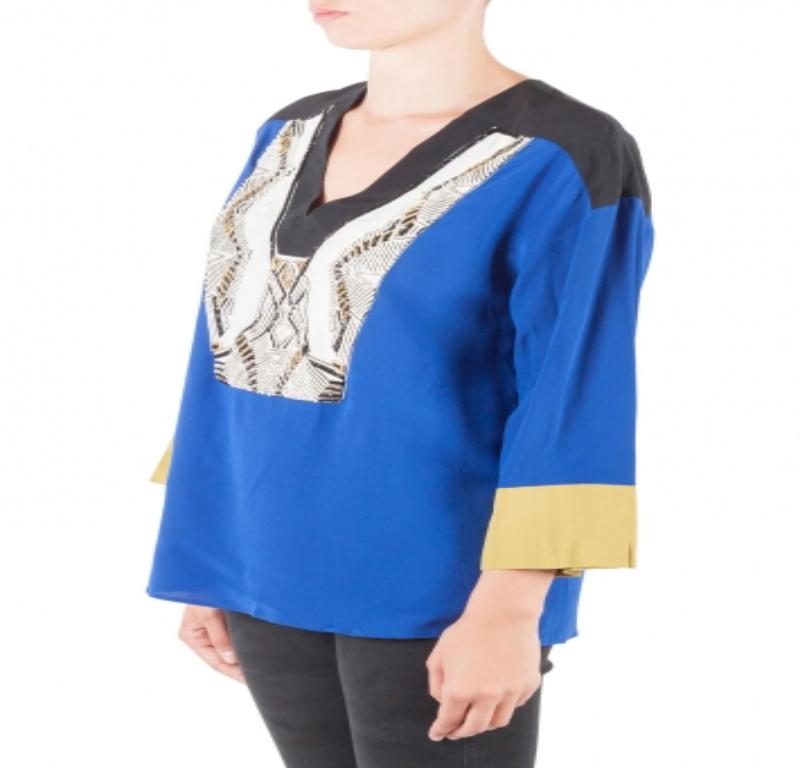 Blu Etro - Tunica a maniche lunghe con carré in seta colorblock - M. I. in vendita