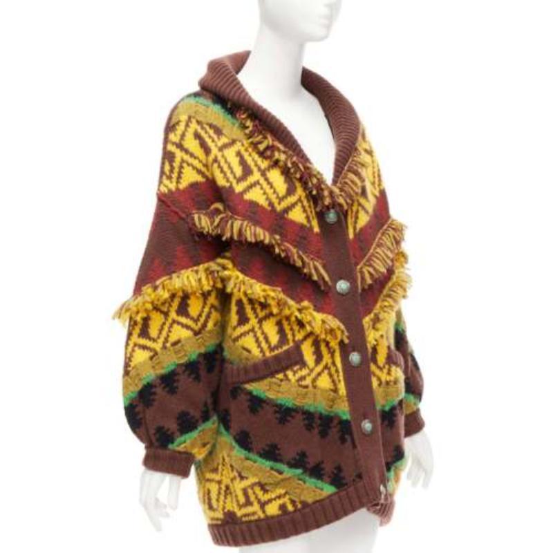 ETRO farbenfrohe Strickjacke aus Wollmischung mit Fransenbesatz und Jacquard-Knöpfen IT38 XS (Braun) im Angebot