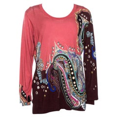 Etro Coral Pink Paisley Print Cashmere Silk Knit Top XL
