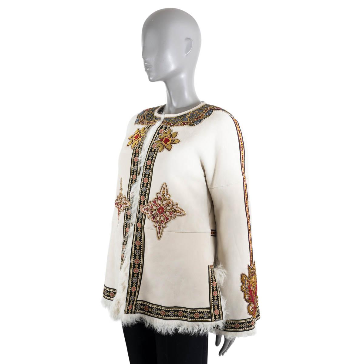 ETRO cream 2021 MUSTANG EMBROIDERED SHEARLING Jacket 42 M In Excellent Condition For Sale In Zürich, CH