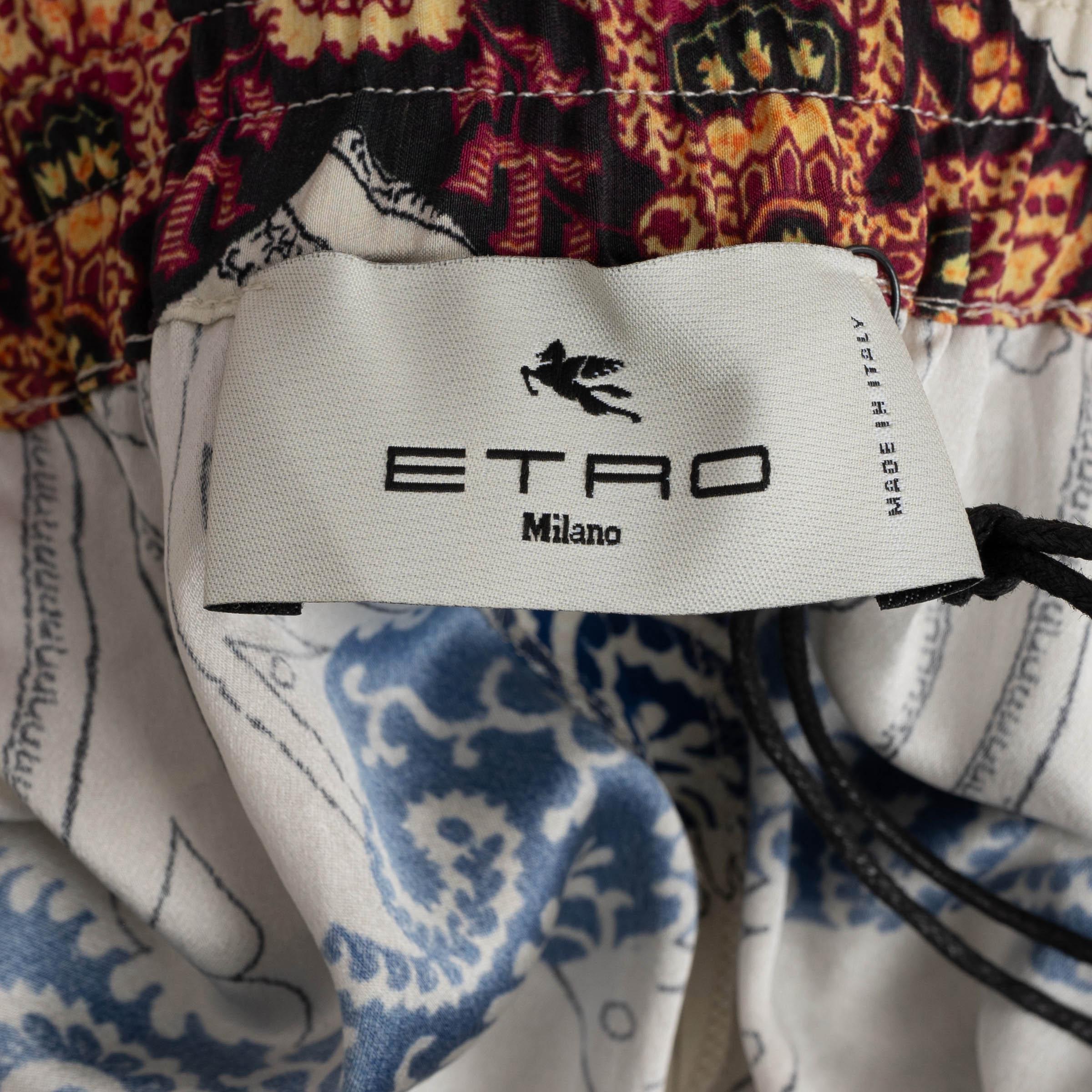 ETRO cream & multi silk 2022 PATCHWORK CREPE WIDE Pants 48 XL For Sale 1