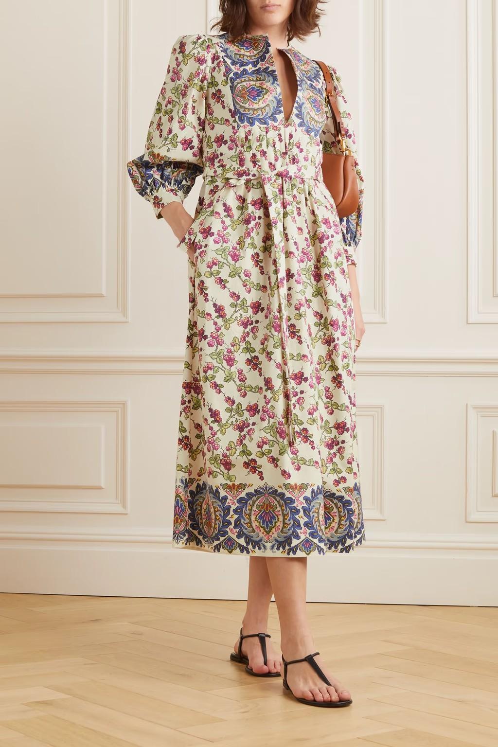 ETRO cream & pink cotton 2023 BERRIES TWILL MIDI Dress 40 S For Sale 1