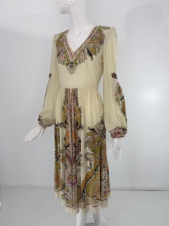 Etro Cream Silk Paisley V Neck Long Sleeve Mid Calf Length Dress Unworn 38