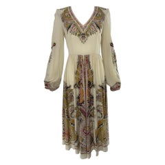 Etro Cream Silk Paisley V Neck Long Sleeve Mid Calf Length Dress Unworn 38