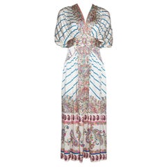 Etro Cream Striped & Paisley Print Silk Gathered Midi Dress S