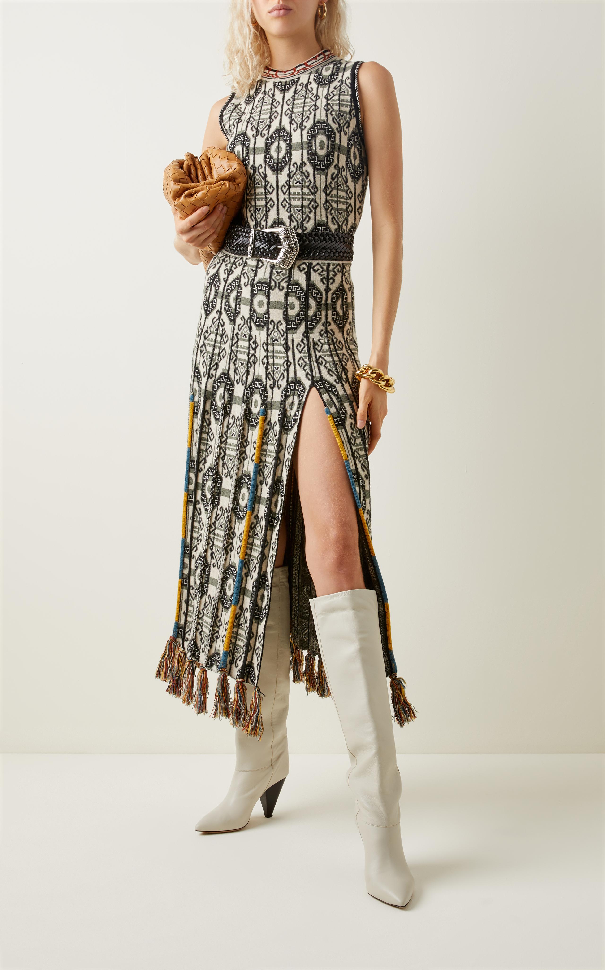 ETRO cream wool 2021 GEOMETRIC SIDE SLIT KNIT MIDI Dress 42 M For Sale 2