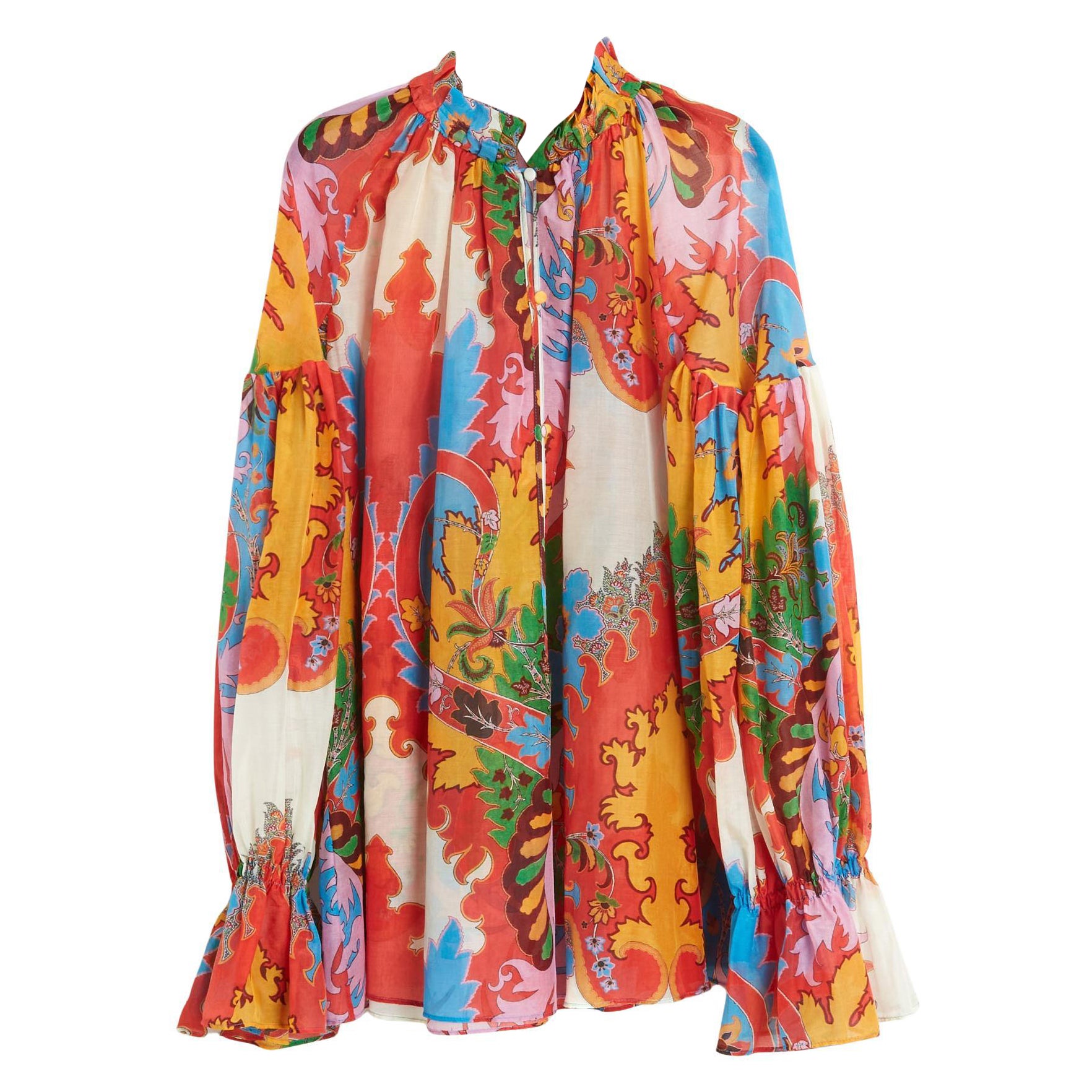 Etro Croisiere 2023 Top FR38 Übergroße Bluse aus Baumwolle und Seide mit Gemälde in Übergröße UK10 US8 im Angebot