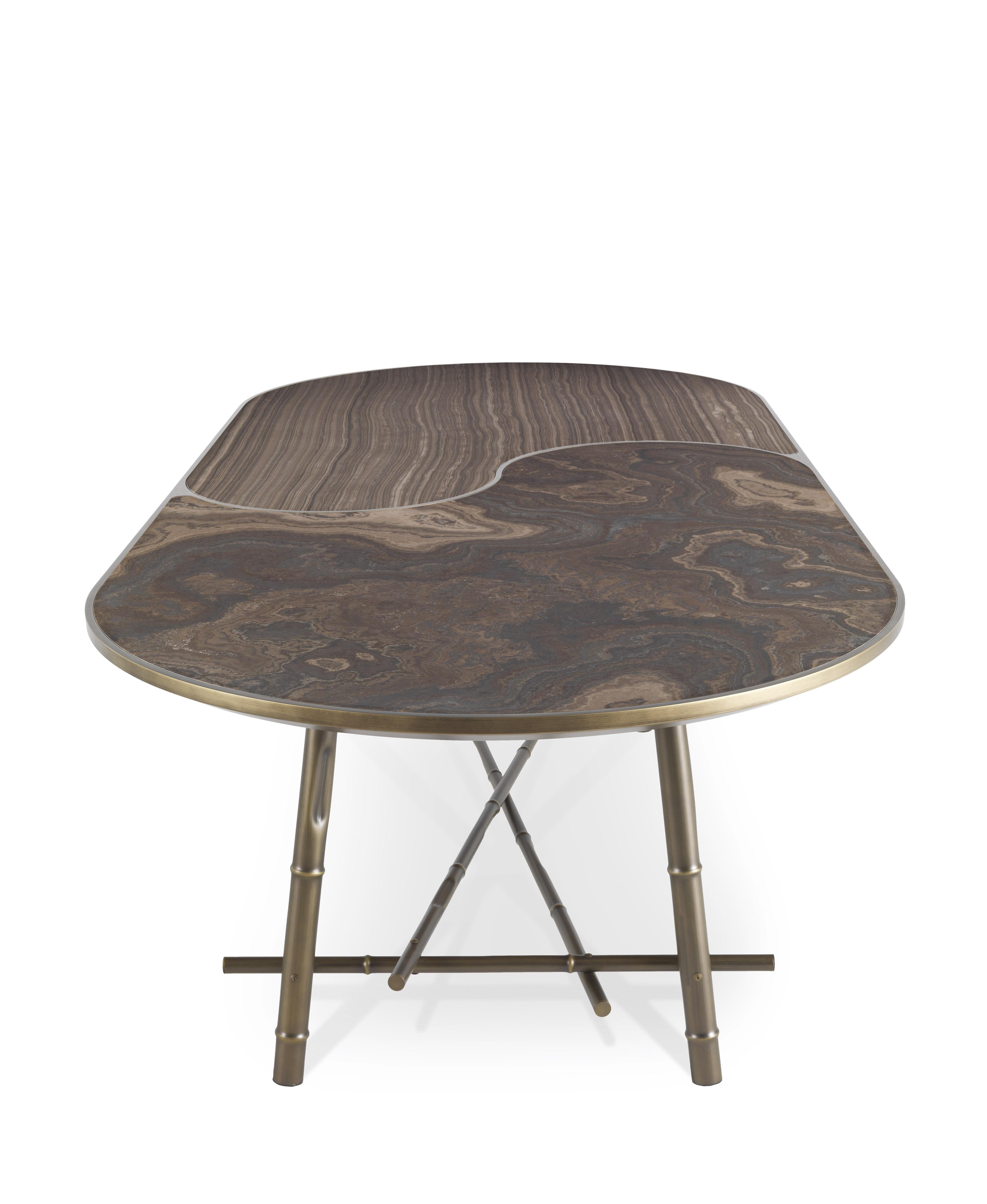 Patinated 21st Century Dalí Oval Dining Table in Metal and Marble by Etro Home Interiors For Sale