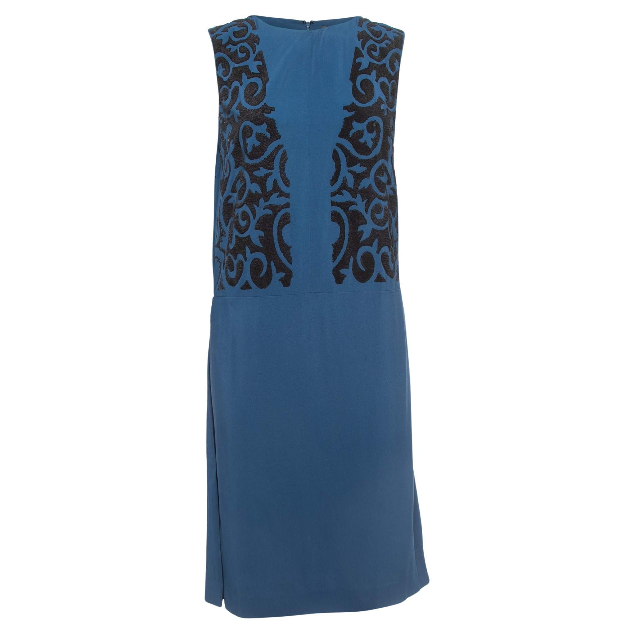 Etro Dark Blue Crepe Sequin Embellished Sleeveless Dress  For Sale