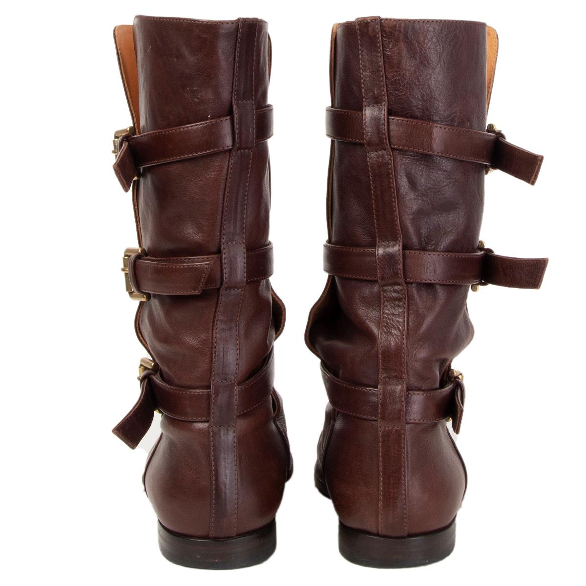 ETRO dark brown leather BUCKLE Mid Calf Flat Boots Shoes 40 In Excellent Condition For Sale In Zürich, CH