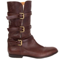 ETRO Bottes plates en cuir marron foncé BUCKLE Mid Calf 40